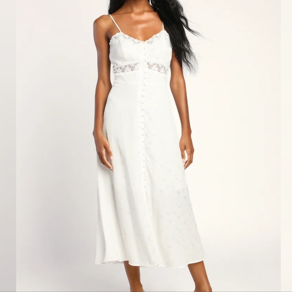 Classically Elegant White Satin Jacquard Lace Midi Dress- $78